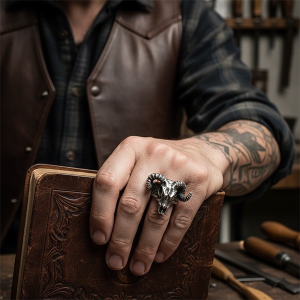 《 QBOX 》FASHION 飾品【RBR8-919】精緻個性復古骷髏羊頭鈦鋼戒指/戒環-細節圖9