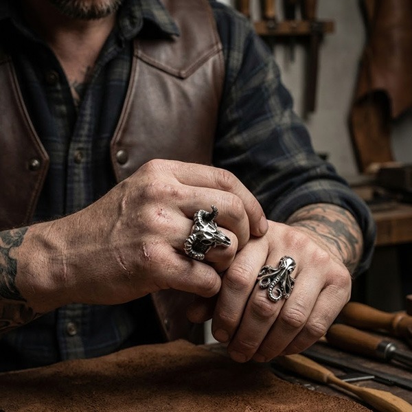 《 QBOX 》FASHION 飾品【RBR8-919】精緻個性復古骷髏羊頭鈦鋼戒指/戒環-細節圖11