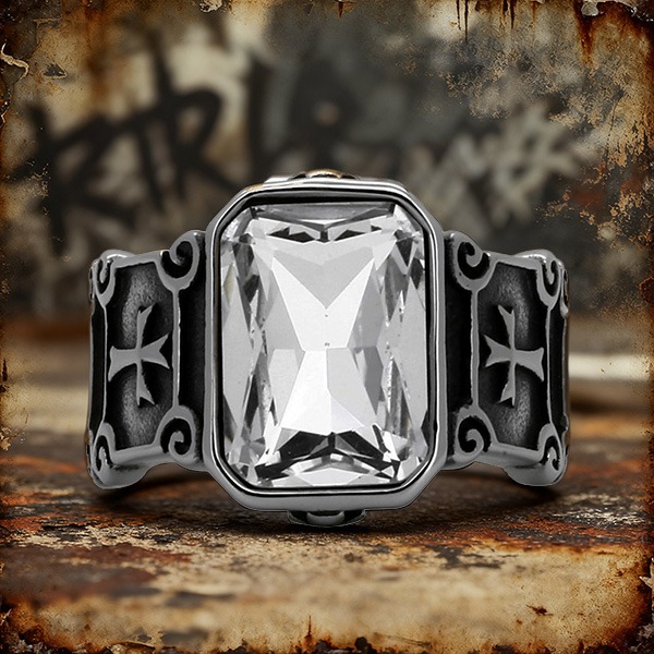 《 QBOX 》FASHION 飾品【RBR8-950】精緻個性復古哥德方鑽十字架鈦鋼戒指/戒環(三色)-細節圖6