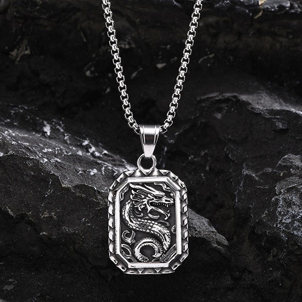 《 QBOX 》FASHION 飾品【GPN-2050】精緻個性復古立體龍紋八邊形鈦鋼墬子項鍊/吊墬-細節圖4