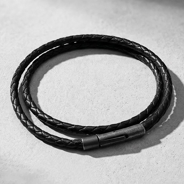 《 QBOX 》FASHION 飾品【LN2331010】精緻個性復古彎形圓扣頭黑色編織皮革繩/光滑皮革鏈(0.4cm)-細節圖2