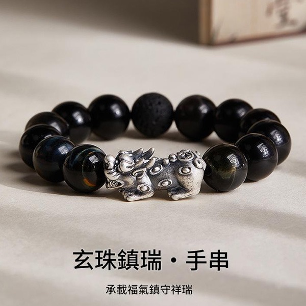 《QBOX 》FASHION 飾品【BV251235】 精緻個性純銀聚財貔貅銀曜石虎眼石火山石串珠手鍊/手環(二款)-細節圖5