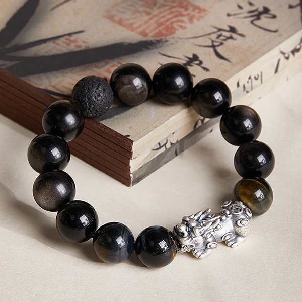 《QBOX 》FASHION 飾品【BV251235】 精緻個性純銀聚財貔貅銀曜石虎眼石火山石串珠手鍊/手環(二款)-細節圖7
