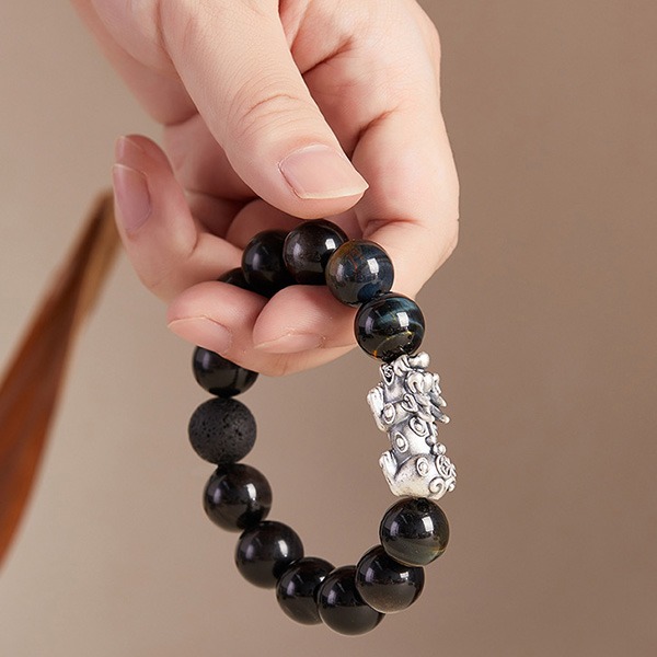 《QBOX 》FASHION 飾品【BV251235】 精緻個性純銀聚財貔貅銀曜石虎眼石火山石串珠手鍊/手環(二款)-細節圖9