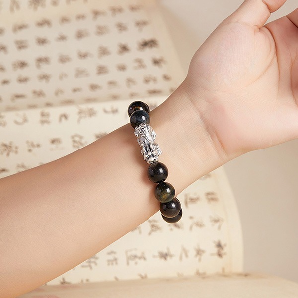 《QBOX 》FASHION 飾品【BV251235】 精緻個性純銀聚財貔貅銀曜石虎眼石火山石串珠手鍊/手環(二款)-細節圖10