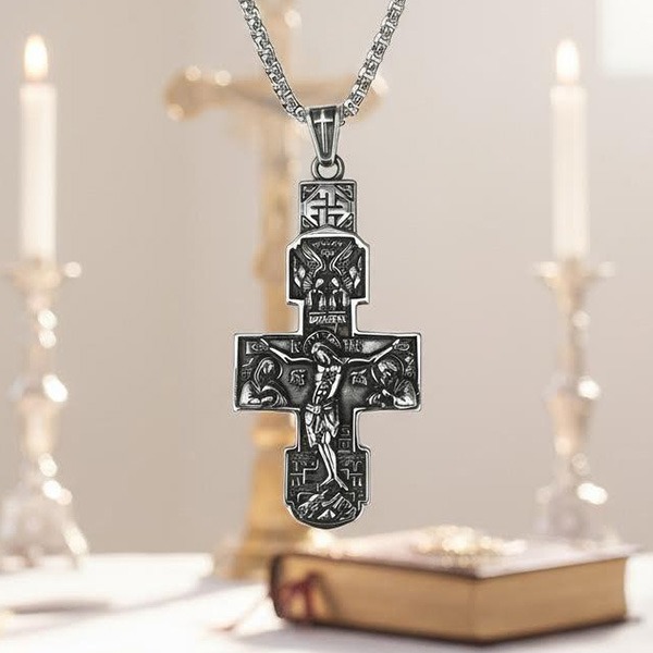 《 QBOX 》FASHION 飾品【CBP8-998】精緻個性復古聖像守護宗教十字架鈦鋼墬子項鍊/吊墬-細節圖6