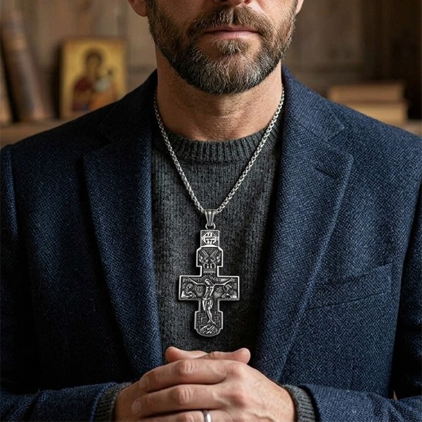 《 QBOX 》FASHION 飾品【CBP8-998】精緻個性復古聖像守護宗教十字架鈦鋼墬子項鍊/吊墬-細節圖9