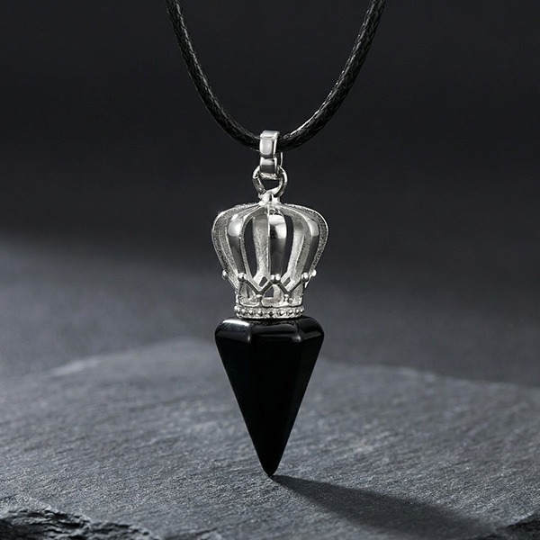 《 QBOX 》FASHION 飾品【GPN-2286】精緻個性六角錐形皇冠天然虎眼石鈦鋼墬子項鍊/吊墬-細節圖3