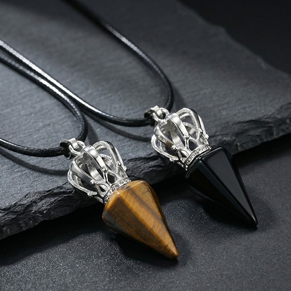 《 QBOX 》FASHION 飾品【GPN-2286】精緻個性六角錐形皇冠天然虎眼石鈦鋼墬子項鍊/吊墬-細節圖5