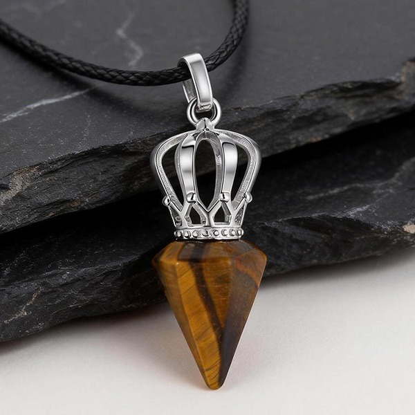 《 QBOX 》FASHION 飾品【GPN-2286】精緻個性六角錐形皇冠天然虎眼石鈦鋼墬子項鍊/吊墬-細節圖6