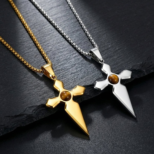 《 QBOX 》FASHION 飾品【GPN-2287】精緻個性酷颯劍形虎眼石十字架鈦鋼墬子項鍊/吊墬-細節圖5