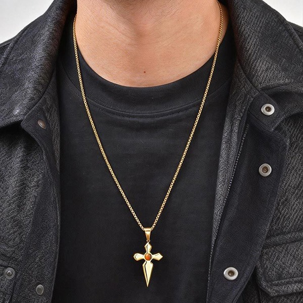 《 QBOX 》FASHION 飾品【GPN-2287】精緻個性酷颯劍形虎眼石十字架鈦鋼墬子項鍊/吊墬-細節圖8