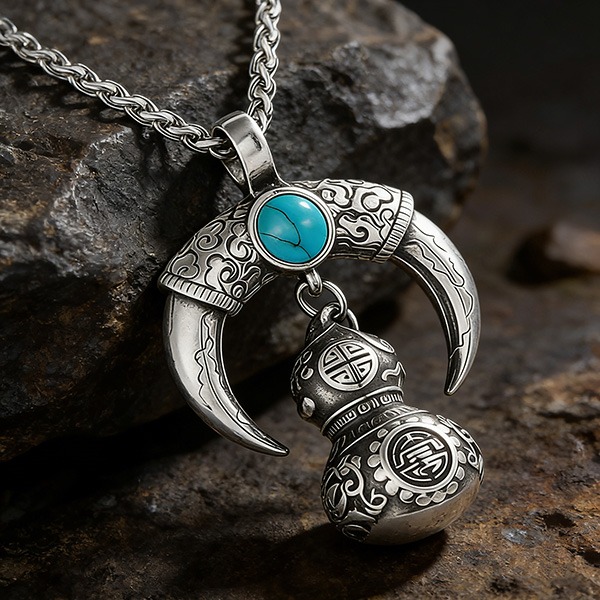 《 QBOX 》FASHION 飾品【LHP138】精緻個性復古月牙松石葫蘆福祿鈦鋼墬子項鍊/吊墬-細節圖4