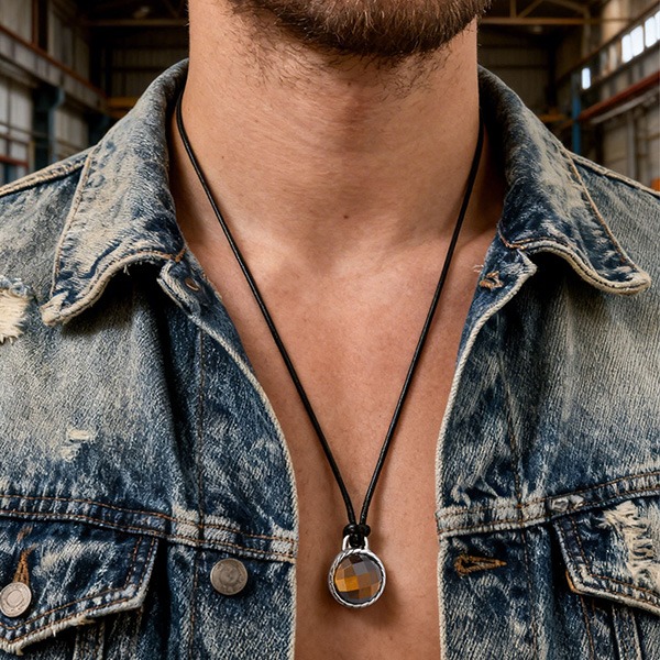 《 QBOX 》FASHION 飾品【GNC-2660】精緻個性復古寶石鈦鋼墬子黑繩項鍊/吊墬-細節圖9