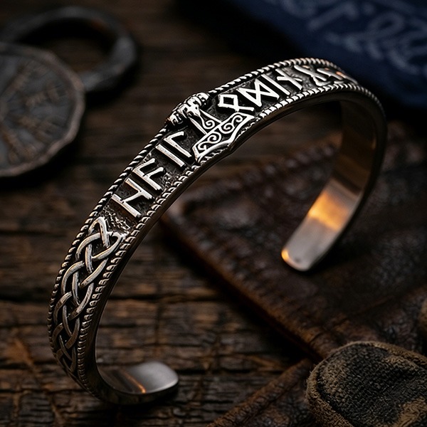 《 QBOX 》FASHION 飾品【BBRG-078】 精緻個性北歐維京戰魂之錘鈦鋼開口手鐲/手環-細節圖3