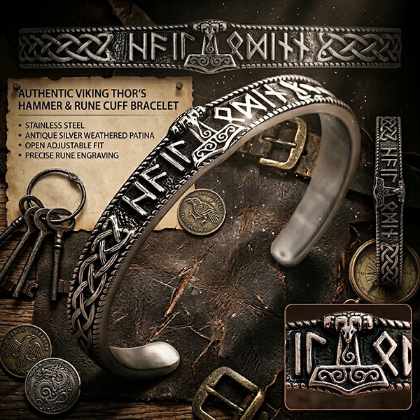 《 QBOX 》FASHION 飾品【BBRG-078】 精緻個性北歐維京戰魂之錘鈦鋼開口手鐲/手環-細節圖5