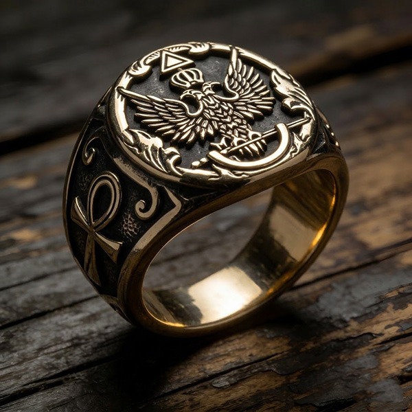 《 QBOX 》FASHION 飾品【RBR8-1154】精緻個性復古橢圓雙頭鷹勳章鈦鋼戒指/戒環-細節圖4