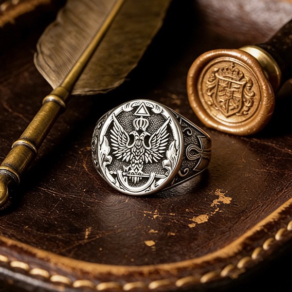 《 QBOX 》FASHION 飾品【RBR8-1154】精緻個性復古橢圓雙頭鷹勳章鈦鋼戒指/戒環-細節圖5