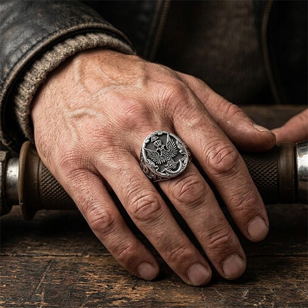 《 QBOX 》FASHION 飾品【RBR8-1154】精緻個性復古橢圓雙頭鷹勳章鈦鋼戒指/戒環-細節圖9