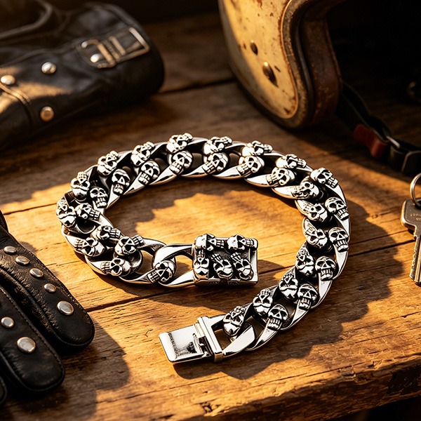 《 QBOX 》FASHION 飾品【BC8-045】 精緻個性復古暗黑滿雕骷髏古巴鏈鈦鋼手鍊/手環-細節圖4