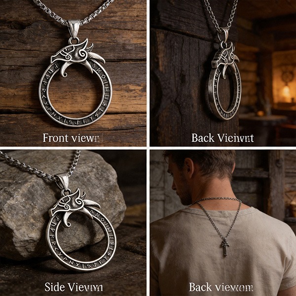 《QBOX 》FASHION 飾品【CBP8-598】【北歐守護】維京巨龍符文環鈦鋼吊墜｜復古做舊防過敏男士信仰項鍊-細節圖4