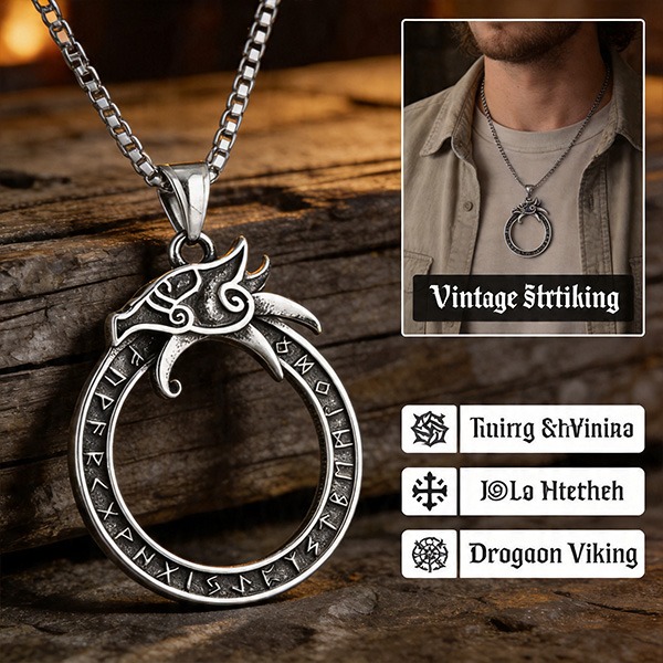 《QBOX 》FASHION 飾品【CBP8-598】【北歐守護】維京巨龍符文環鈦鋼吊墜｜復古做舊防過敏男士信仰項鍊-細節圖5