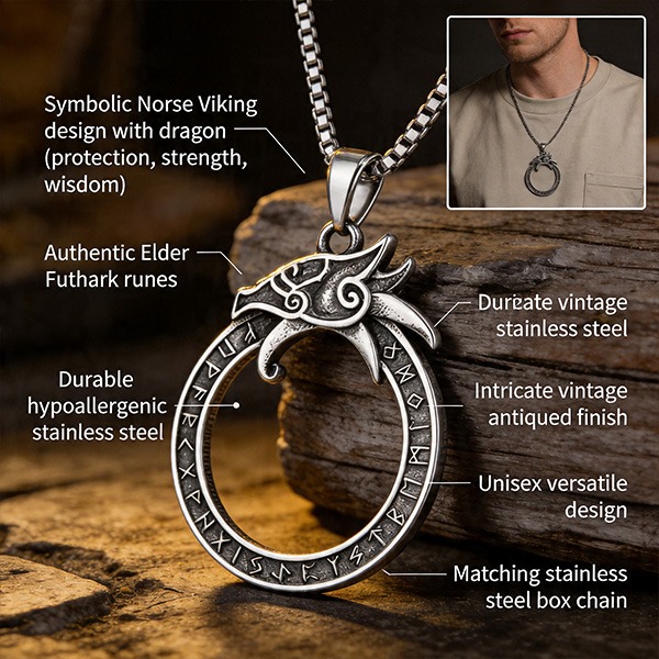 《QBOX 》FASHION 飾品【CBP8-598】【北歐守護】維京巨龍符文環鈦鋼吊墜｜復古做舊防過敏男士信仰項鍊-細節圖6