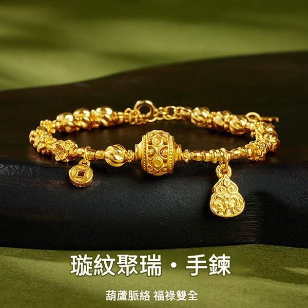 【招財納福】S925純銀鍍 K 金葫蘆錢幣手鍊｜復古雕花防過敏防掉色日常百搭女士招福手飾【CB26040】-細節圖3