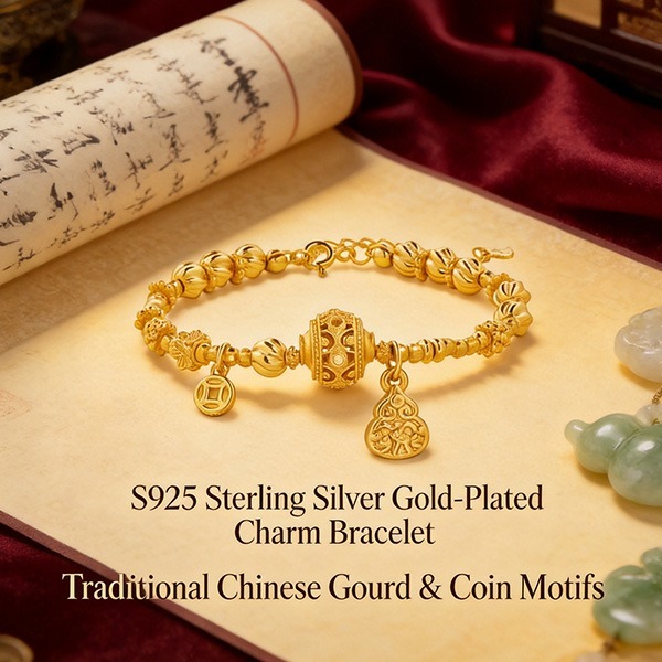 【招財納福】S925純銀鍍 K 金葫蘆錢幣手鍊｜復古雕花防過敏防掉色日常百搭女士招福手飾【CB26040】-細節圖5