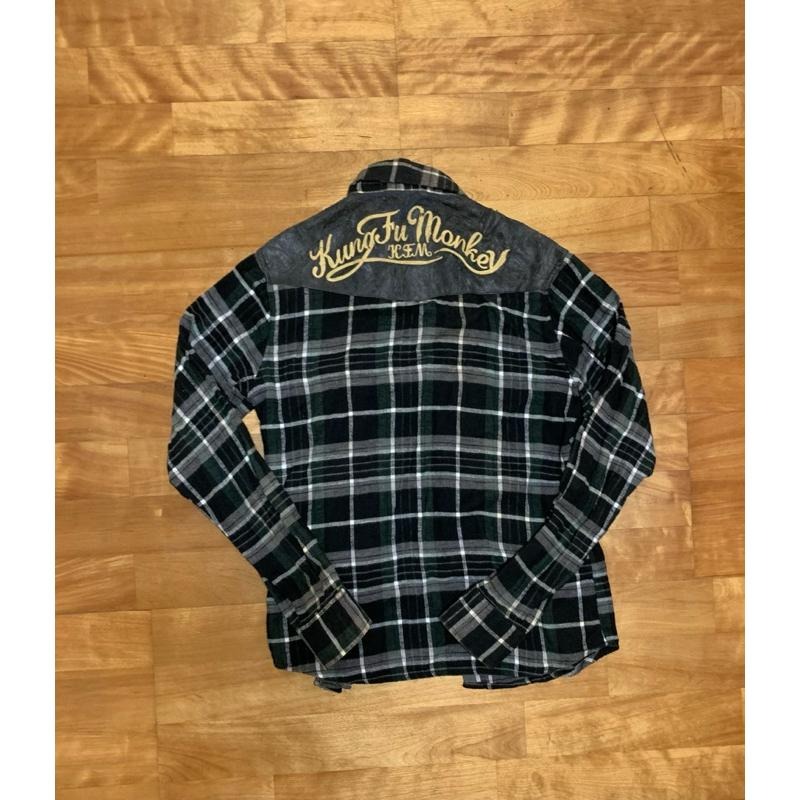 二手男版法蘭絨襯衫 格子襯衫 寬鬆寬版深色襯衫-細節圖2