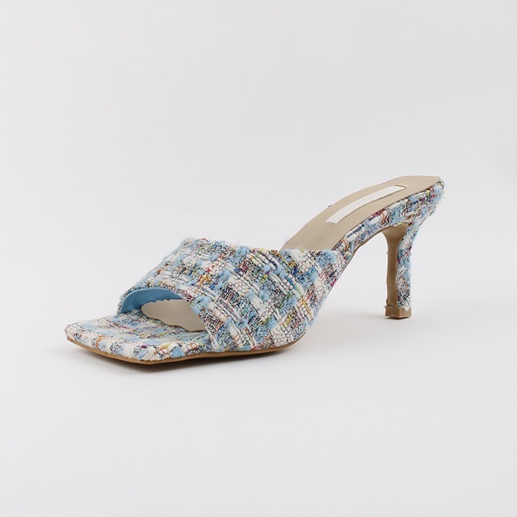 C012 氣質女孩 毛料 魚口 ｜正韓韓國代購｜方頭一字寬帶高跟拖鞋 高跟鞋涼鞋｜OIOI KOREA｜東大門空運｜細跟-細節圖2