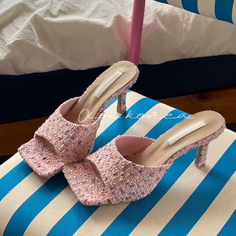 C012 氣質女孩 毛料 魚口 ｜正韓韓國代購｜方頭一字寬帶高跟拖鞋 高跟鞋涼鞋｜OIOI KOREA｜東大門空運｜細跟-細節圖3