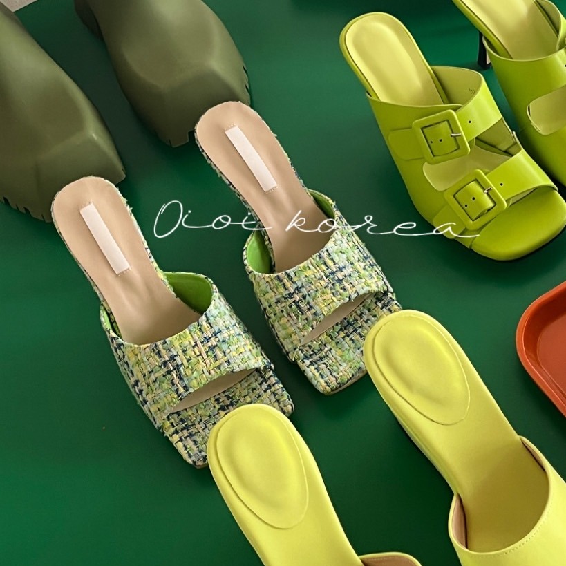 C012 氣質女孩 毛料 魚口 ｜正韓韓國代購｜方頭一字寬帶高跟拖鞋 高跟鞋涼鞋｜OIOI KOREA｜東大門空運｜細跟-細節圖4