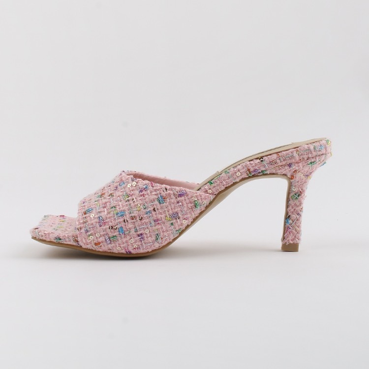 C012 氣質女孩 毛料 魚口 ｜正韓韓國代購｜方頭一字寬帶高跟拖鞋 高跟鞋涼鞋｜OIOI KOREA｜東大門空運｜細跟-細節圖6