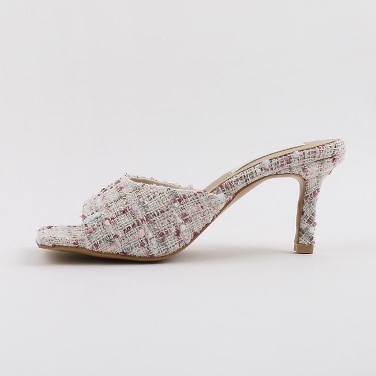 C012 氣質女孩 毛料 魚口 ｜正韓韓國代購｜方頭一字寬帶高跟拖鞋 高跟鞋涼鞋｜OIOI KOREA｜東大門空運｜細跟-細節圖7