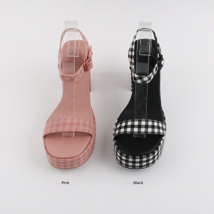 C006 辣妹必備｜正韓韓國代購｜ 防水台 高跟涼鞋 粗跟 格紋 一字帶 方跟 高跟涼鞋OIOI KOREA｜東大門空運-細節圖7