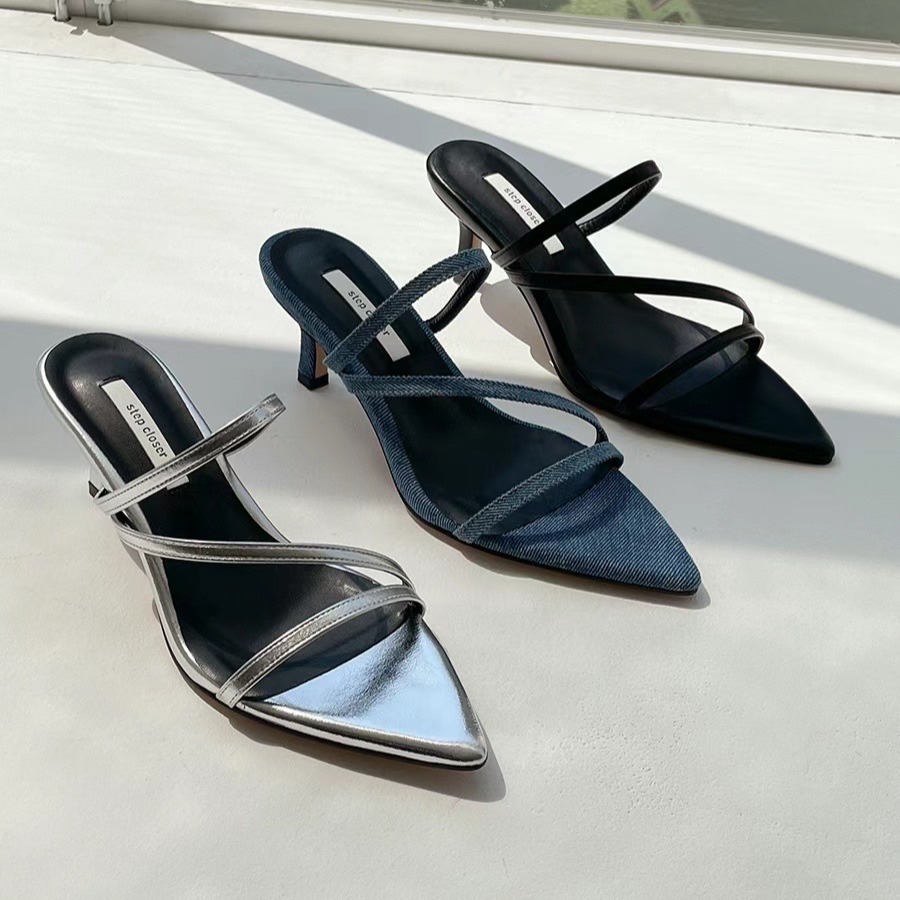 A995 性感 尖頭 ｜正韓韓國代購｜交叉細帶 牛仔 丹寧 中跟 細跟 涼鞋 拖鞋 顯瘦 顯長腿｜東大門空運｜實拍 跟鞋-細節圖8