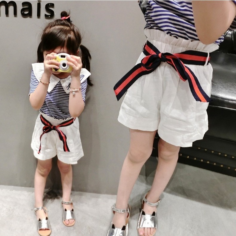 現貨 女童白色短褲闊腿褲花苞褲 + 腰帶 薄款 棉麻短褲  透氣-細節圖2