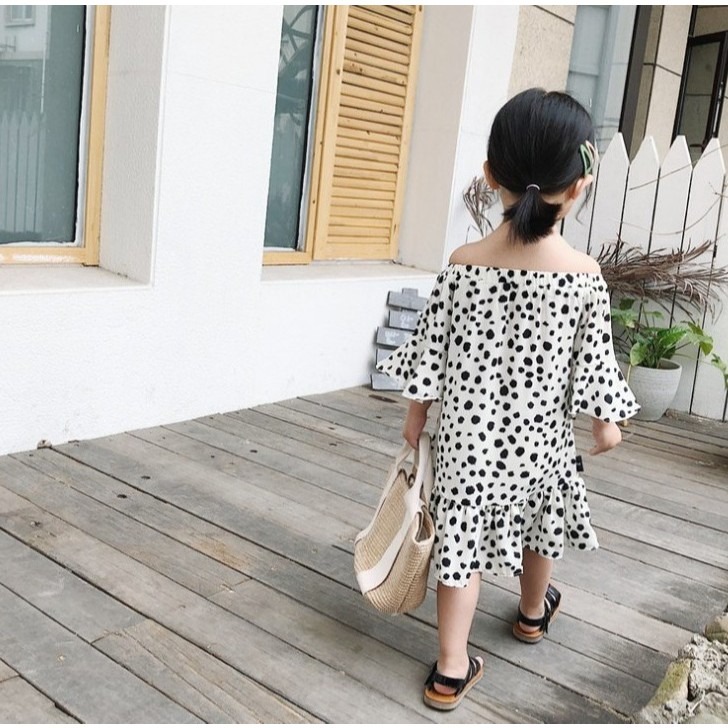 現貨 露肩幾何圓點波點女童洋裝連身裙-細節圖2