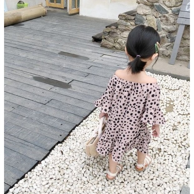 現貨 露肩幾何圓點波點女童洋裝連身裙-細節圖3