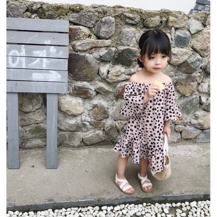 現貨 露肩幾何圓點波點女童洋裝連身裙-細節圖4