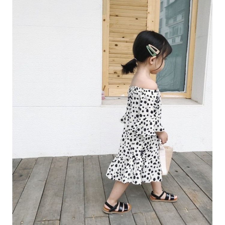 現貨 露肩幾何圓點波點女童洋裝連身裙-細節圖5