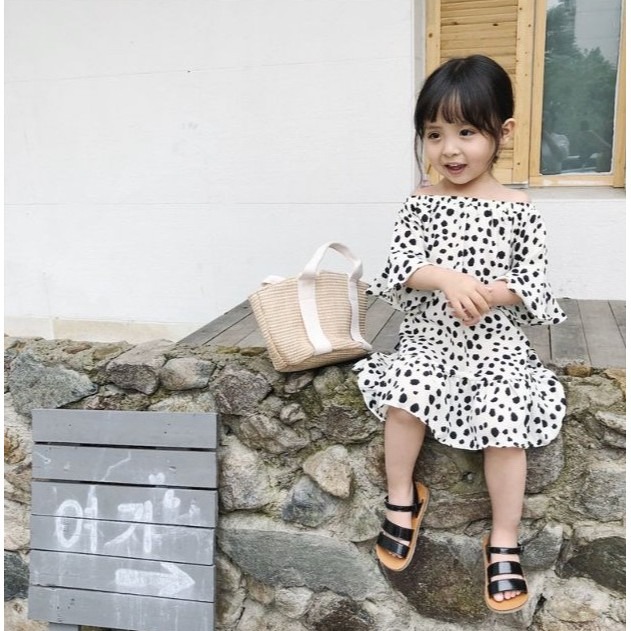 現貨 露肩幾何圓點波點女童洋裝連身裙-細節圖6