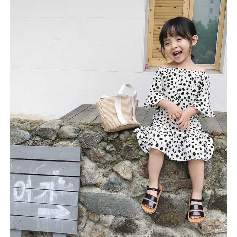 現貨 露肩幾何圓點波點女童洋裝連身裙-細節圖8