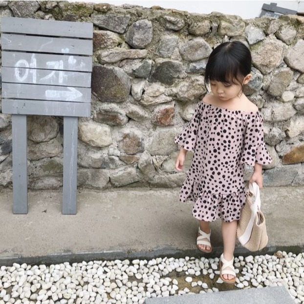 現貨 露肩幾何圓點波點女童洋裝連身裙-細節圖9