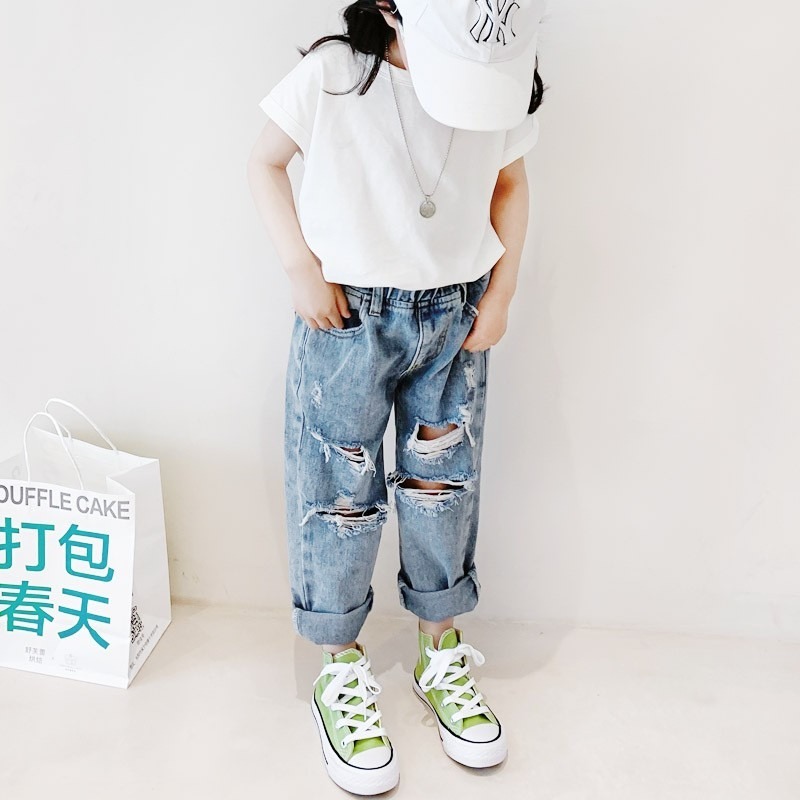 現貨 兒童破洞牛仔褲  男友風 男童 女童 牛仔褲  童裝 實拍 日系 森系 ins 韓國童裝款 兒童牛仔褲 中性-細節圖3