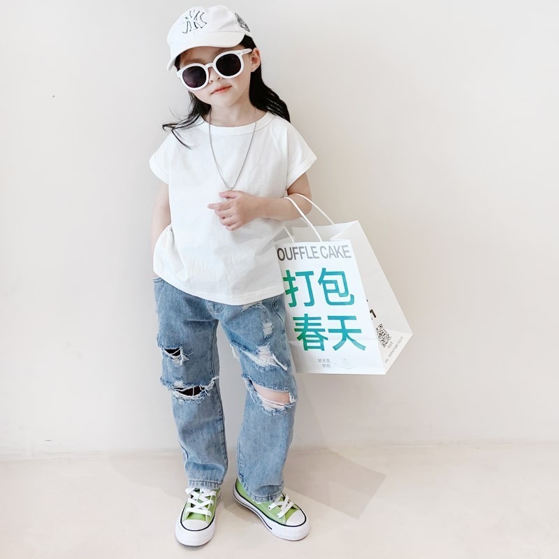 現貨 兒童破洞牛仔褲  男友風 男童 女童 牛仔褲  童裝 實拍 日系 森系 ins 韓國童裝款 兒童牛仔褲 中性-細節圖4