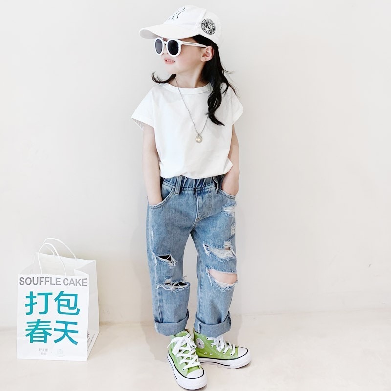 現貨 兒童破洞牛仔褲  男友風 男童 女童 牛仔褲  童裝 實拍 日系 森系 ins 韓國童裝款 兒童牛仔褲 中性-細節圖6
