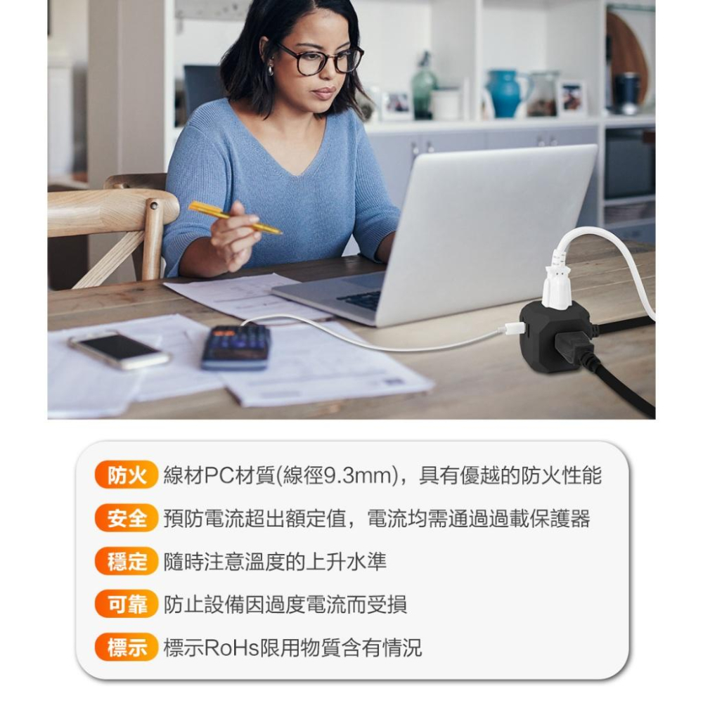 【北美品牌】Glolux 黑色延長線2.1M(7尺)流星錘 3面插座3孔3P插頭+2USB + 1Type-C(15W)-細節圖3