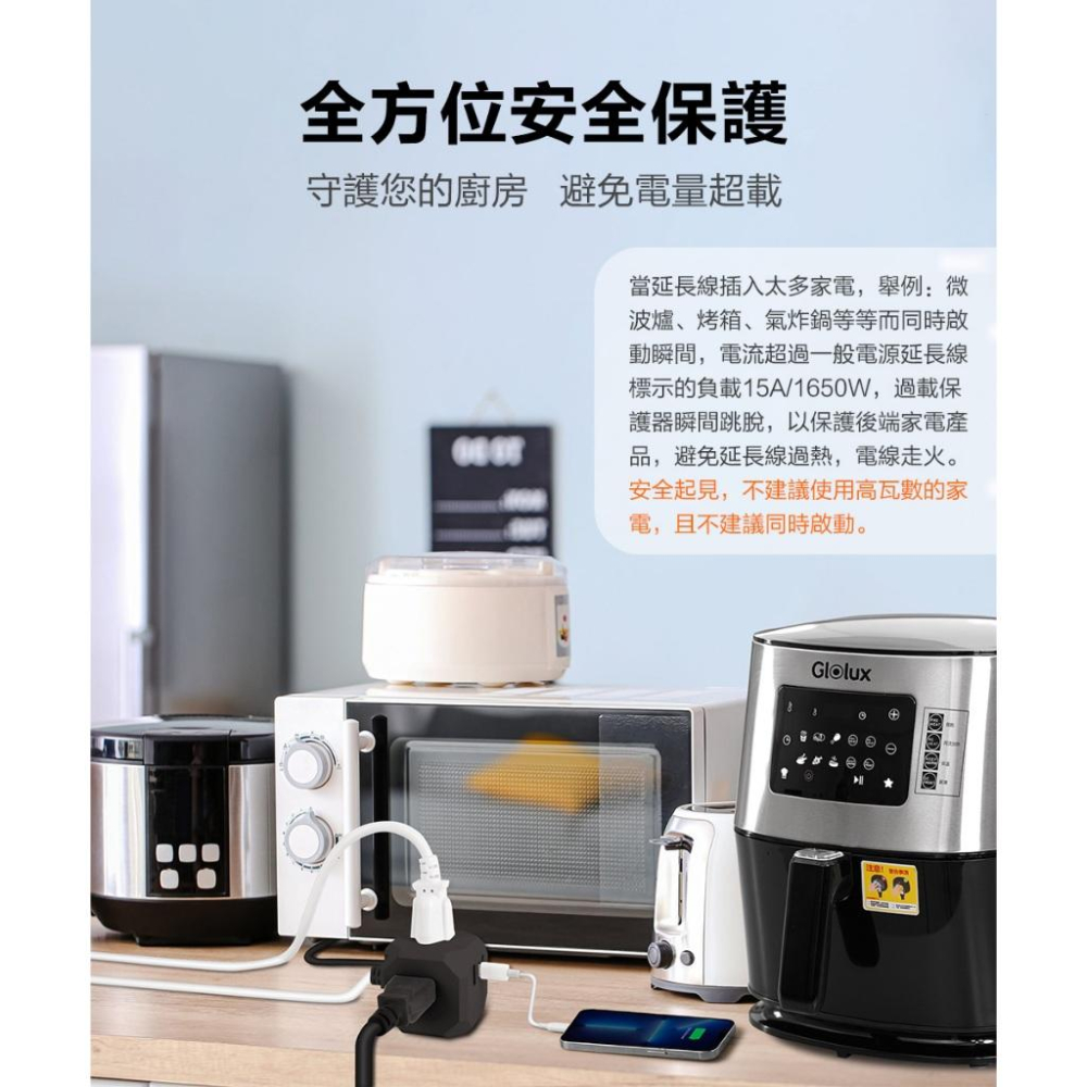 【北美品牌】Glolux 黑色延長線2.1M(7尺)流星錘 3面插座3孔3P插頭+2USB + 1Type-C(15W)-細節圖5